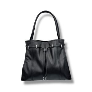 Calvin Klein Fatima drawstring tote black vegan pebbled leather shoulder bag